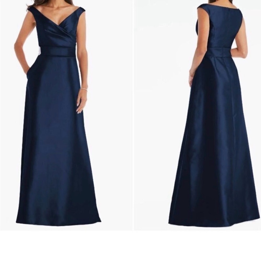 NEW ALFRED SUNG Midnight Blue Off the Shoulder Satin Gown Dress Size 16